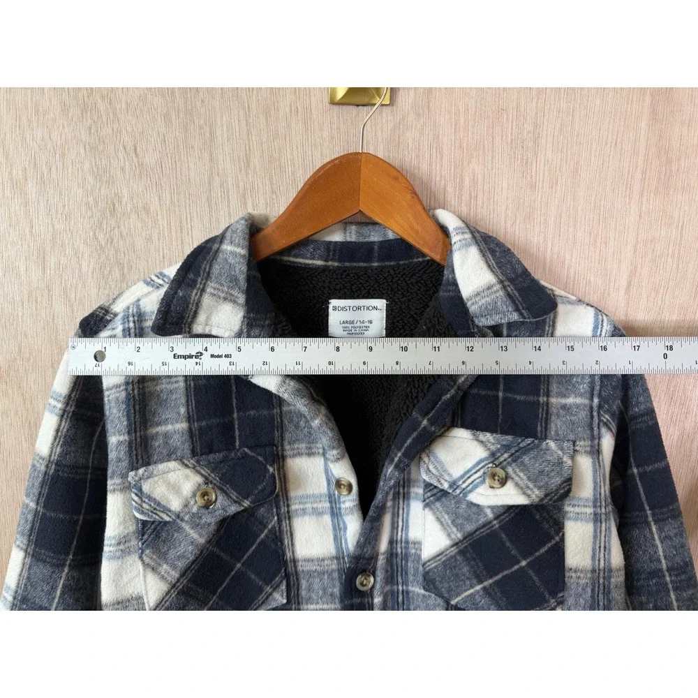 Distortion Boys Blue Plaid Sherpa Lined Button Down Shirt Large 14-16 RN 65933